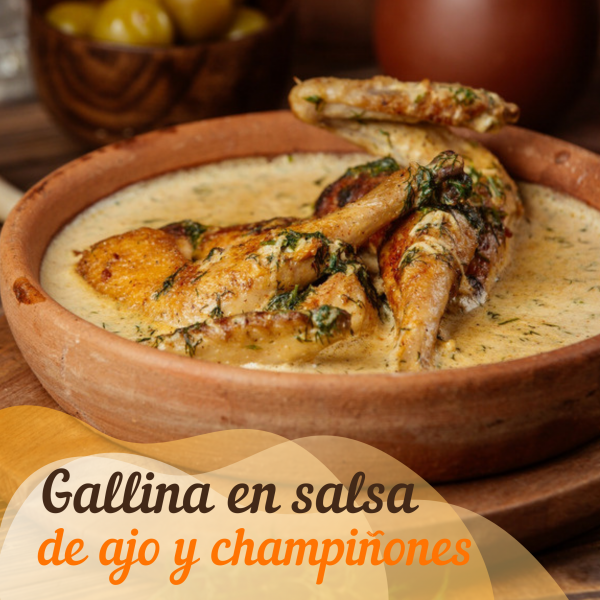 Gallina en salsa de ajo y champiñones